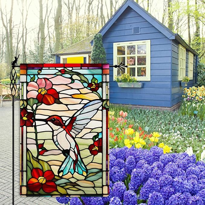Spring Summer Hummingbird Garden Flag Glass Style Garden Flag Vertical Double Sided Rustic Farmland Burlap Yard Lawn Outdoor Decor 12.5x18"