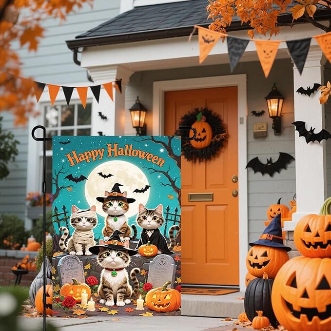 IVN Happy Halloween Garden Flag 12x18 Inch Double Sided Witch Cat Tombstone Bat Pumpkin Moon Outdoor Yard Flag for Outside Front Door Lawn Porch Patio Welcome Decor