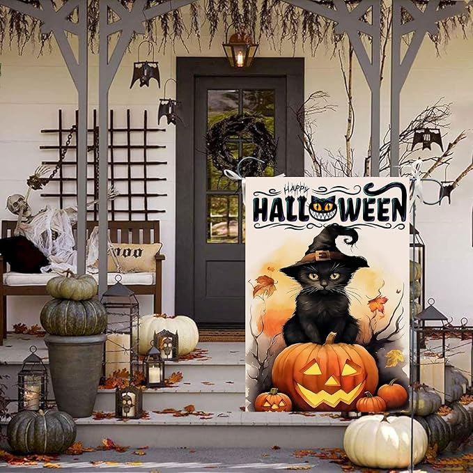 DECORLUXES Halloween Cat Garden Flag, Vertical Double Sided Happy Halloween Pumpkin Holiday Outside Decorations (Garden Flag)