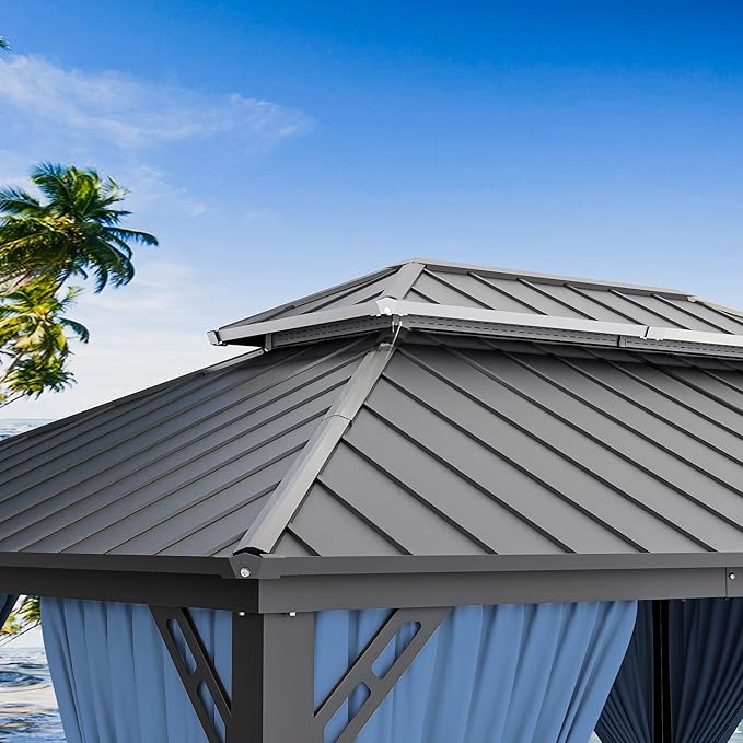 12’x14’ Hardtop Gazebo Outdoor Aluminum Frame Permanent Gazebo Galvanized Steel Double Roof Pergola with Nettings and Curtains for Patio, Lawns,Backyard, Deck(Navy)