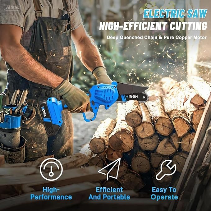 Mini Chainsaw, 4 inch Mini Chainsaw Cordless, Small Hand held Electric Power Chain Saw 1 Battery Powered Operated, Household and Garden for Tree Trimming Wood Cutting, Gifts for Father Husband Men