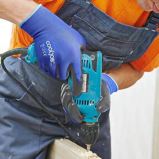 COOLJOB 10 Pairs Nitrile Dipped Safety Work Gloves with Grip, Non-slip Rubber Coated Bulk Garden Gloves for Men, Heavy-duty Oil Resistant for Truck Driver, Warehouse Box Handler, Large, Red Blue