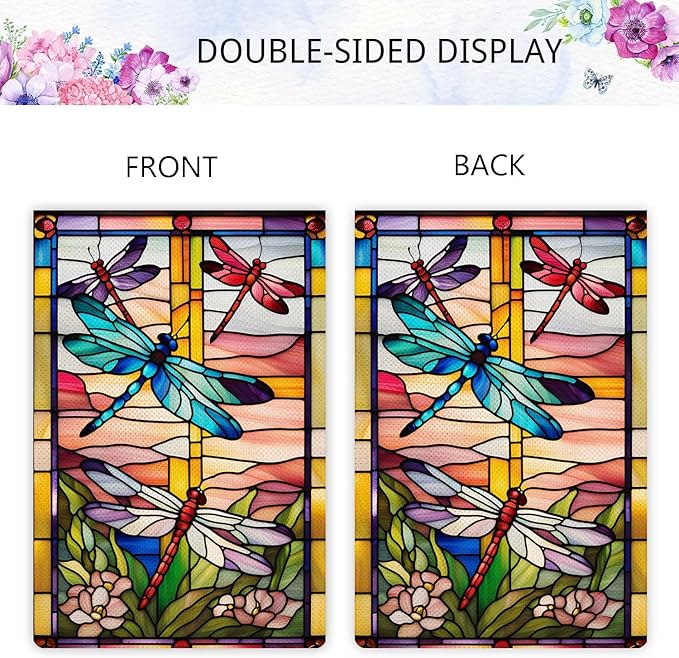 Spring Summer Dragonfly Garden Flag Stained Glass Style Flowers Garden Flag Vertical Double Sided Rustic Farmland Burlap Yard Lawn Outdoor Decor 12.5x18"