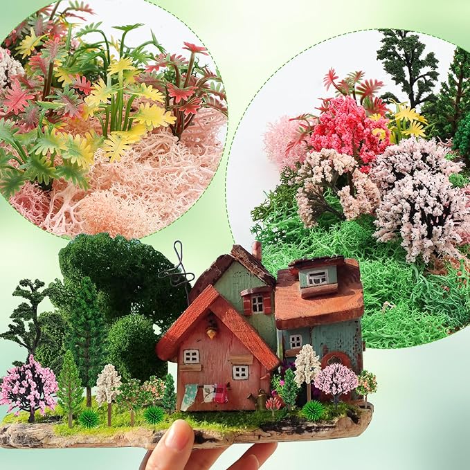 36 Pcs Mixed Model Trees with 40g Moss Pink and Green, Diorama Trees Grass Mini Fake Miniature Trees Moss for Building Model, Model Train Scenery, Natural Green Landscape, Railroad Scenery