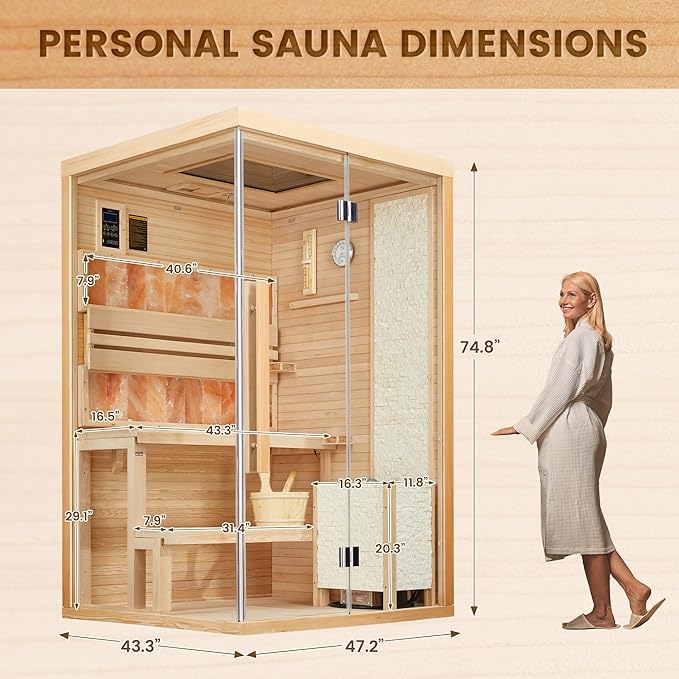 Traditional Steam Saunas for 2-4 Person,Luxurious Indoor Sauna with 2300W Stove Heater,Wood Saunas Room with 2 Himalayan Salt Bricks,7-Color Dynamic Abysm Sky Lights,Bluetooth Speaker