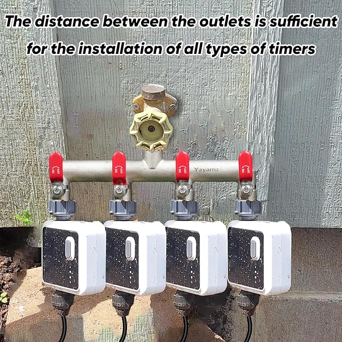 4 Way Garden Hose Splitter, Heavy Duty Brass Nickel Plated Rust Resistant Faucet Manifold, 3/4" Frost Resistant Outdoor Hose Adapter Connector，Hose Spigot Adapter with 4 large red handles