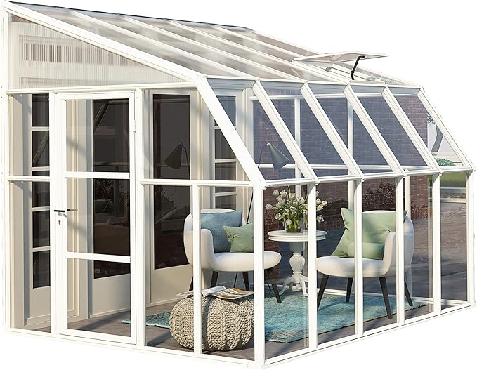Palram Canopia Rion Sun Room 8 Ft. x 10 Ft. Solarium, Lean-to Greenhouse DIY Kit, Attach to House, Large Twin Wall Polycarbonate, 100% UV Protection for Porch, Patio Outdoors with Window Vent (White)