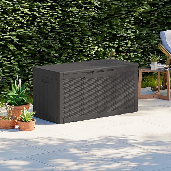 Patiolife 100 Gallon Resin Deck Box, Large Outdoor Storage Box for Garden Tools, Pool Supplies, Waterproof and Lockable, Black