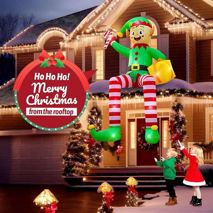 12FT Christmas inflatables, Christmas Inflatable Outdoor Decoration Sitting Elf with Built-in Led Lights, Christma Blow Ups Outdoor Roof Yard Lawn Xmas Decor