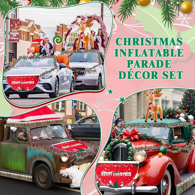 Hungdao 9 Pcs Christmas Golf Cart Parade Decorations Include 1 Pcs 4 Feet Inflatable Giant Reindeer with Bunting Flag Tinsel Garland for Christmas Car Yard Party Decoration