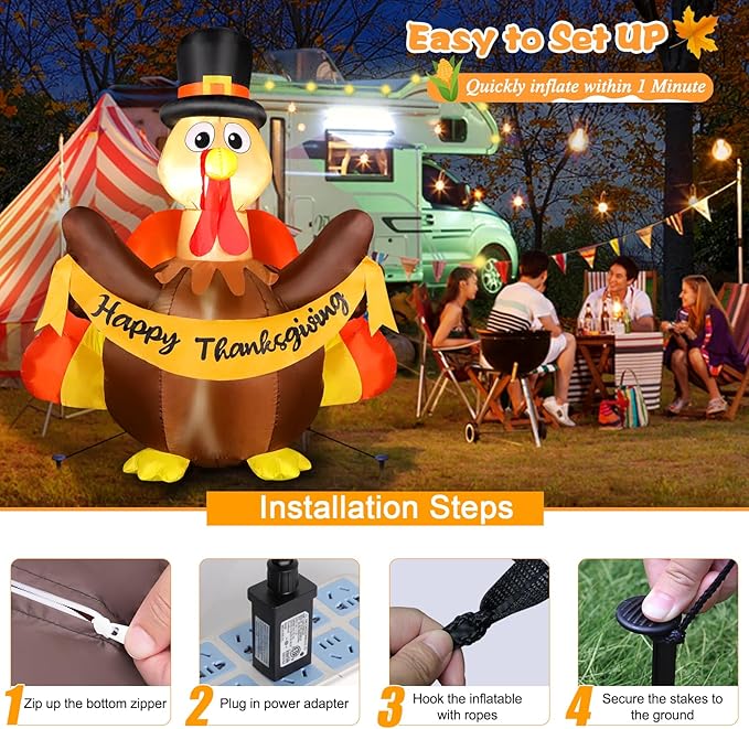FunFanso Thanksgiving Inflatables Turkey Outdoor Decorations with Built-in LED Lights, 4.5FT Tall Blow Up Turkey with Pilgrim Hat and Colorful Tail for Lawn Yard Garden Party House Holiday Decor