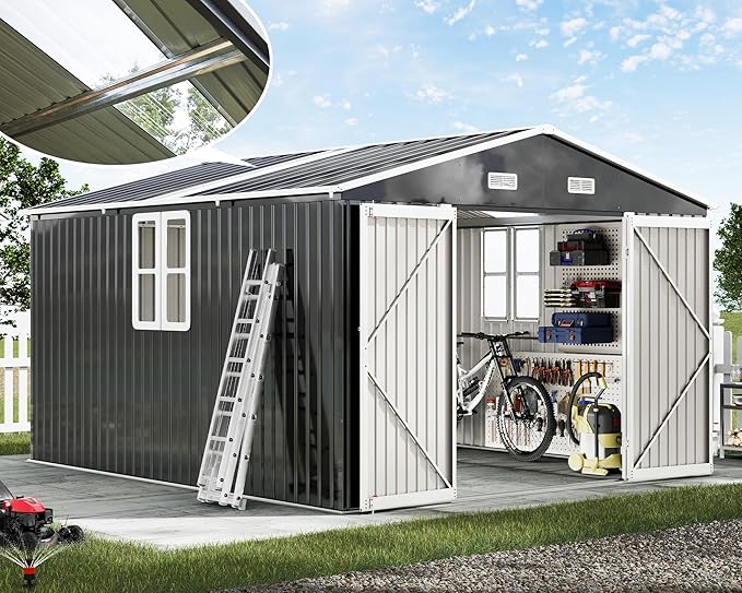 AMERLIFE 10x12x7 FT Metal Storage Shed with 2 Transparent Panels, Outdoor Tool Shed with Hinged Double Doors, Windows & Vents, Reinforced Steel Frame for Backyard Garden, DIY Workshop, Dark Gray