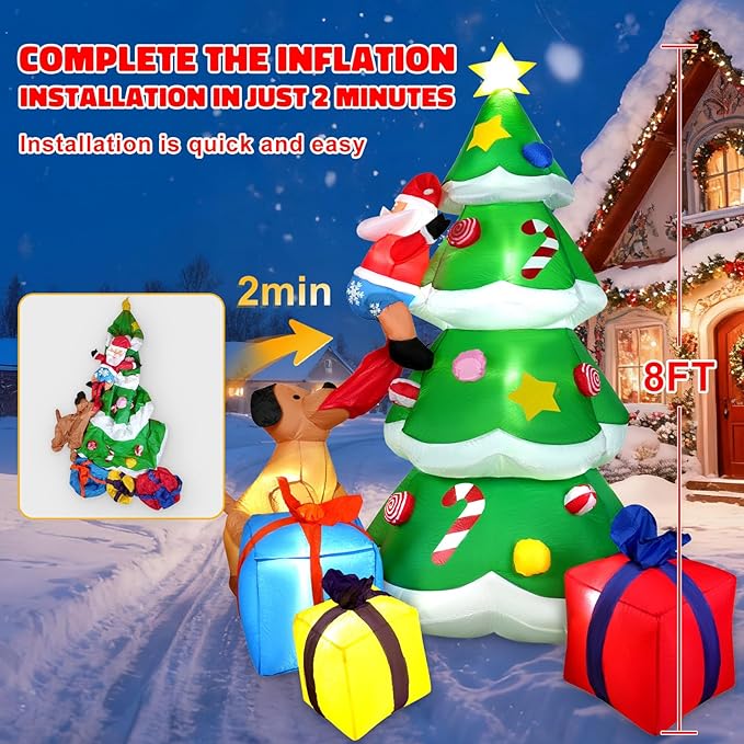HFO 8ft Christmas Inflatable Outdoor Decorations, Blow up Christmas Tree Yard Decor with Dog Bite Santa Claus 3 Wrapped Gift Boxes, Bright LED Lights Christmas Outdoor Decorations