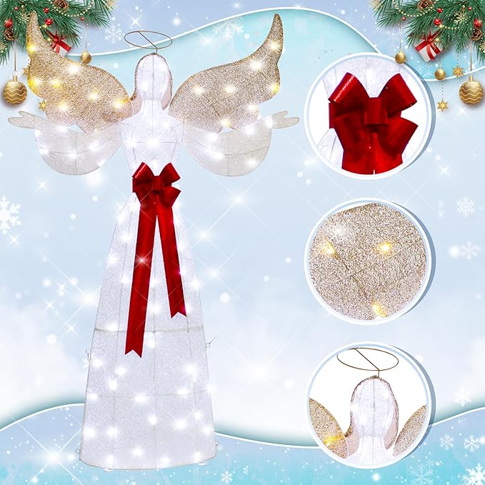 65" Lighted Angel Christmas Decoration, 3D Halo Angel with Golden Wings, White LED Lights, Outdoor/Indoor Use