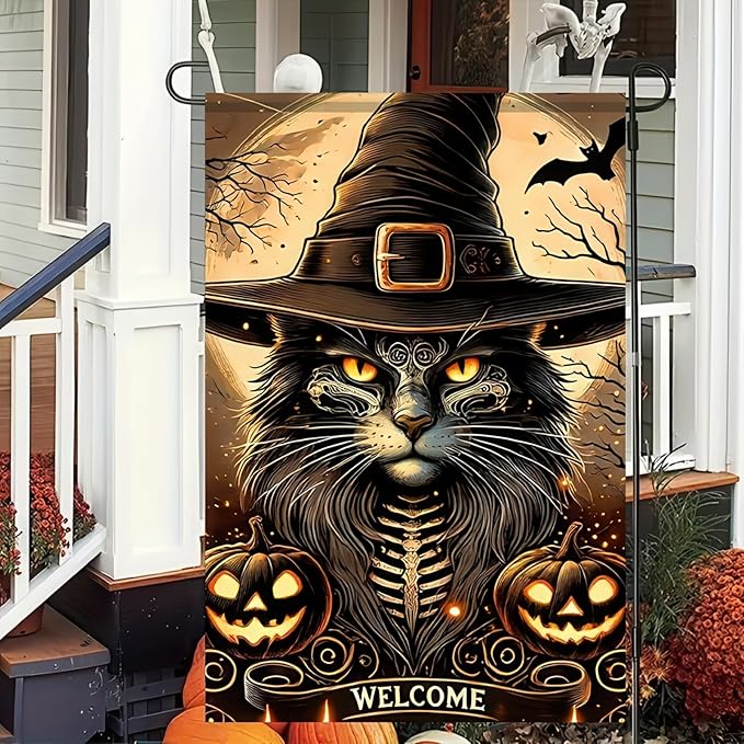 Halloween Garden Flag - Cat Witch Hat, 12x18 Inch Double-Sided Vertical Fall Holiday Outdoor Decorative Flag for Porch, Lawn, Garden