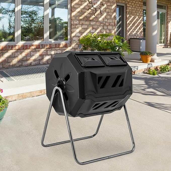 S AFSTAR Composter Tumbler Outdoor, 42-Gal Dual Chamber Tumbling Composter with 2 Sliding Doors, Metal Frame, BPA-Free Large Rotating Compost Bin Tumbler for Garden Yard Waste (Black)