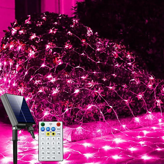 Solar Net Lights Pink Christmas Decorations, 200 LED Net Lights Outdoor Mesh Lights, Remote Control 19 Modes String Lights for Garden, Yard, shrubs, Trunk, Bedroom, Valentine’s Day Decor-9.8ft x 6.6ft