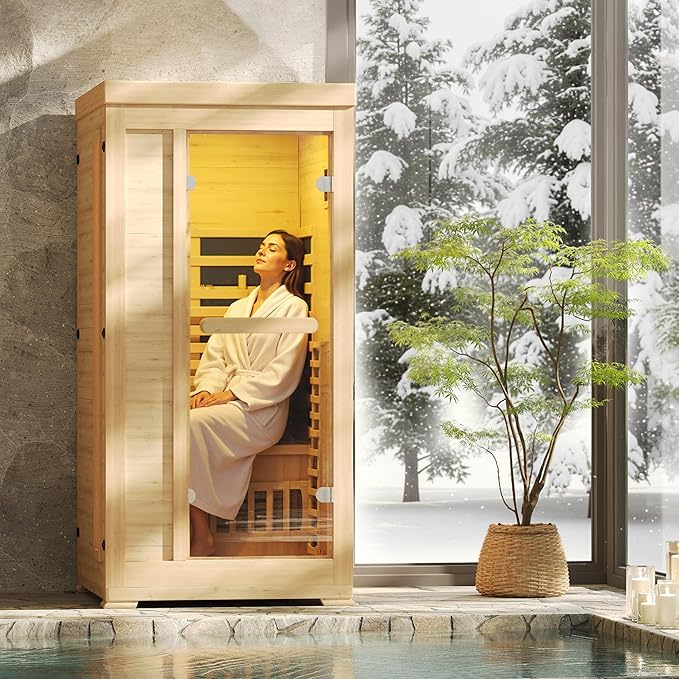 Infrared Sauna at Home 1 Person with 7 Color Therapy, Low EMF 1745W Fast Heating Canadian Hemlock Wood Sauna, Indoor Dry Sauna with Bluetooth Speakers for Home, Gym (3Lx3.3Wx6.3H Ft)