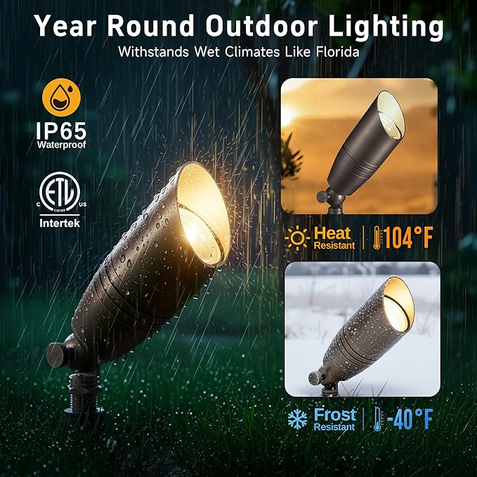 Gardenreet Die-Cast Brass Spot Light Outdoor - 12V LED Uplighting Waterproof, Low Voltage Landscape Lights Direct Wire, Bronze for Fence Fountain with Daytime White MR16 Replaceable Bulbs (12 Pack)