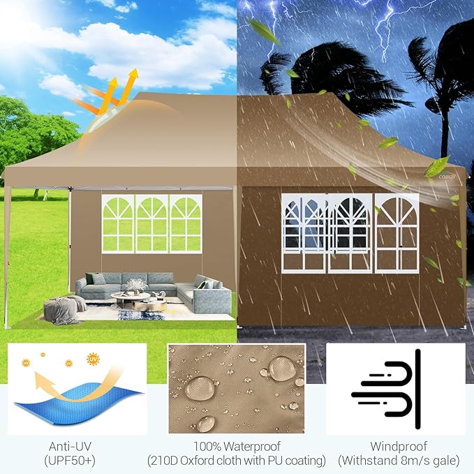 COBIZI 10x20 Pop Up Canopy with 6 Sidewall, Commercial Canopy UPF 50+ Waterproof Outdoor Gazebo with Carry Bag, Tents for Parties with Upgrade Frame, 3 Height Adjustable, Khaki