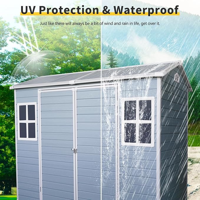 8x4ft Outdoor Storage Shed with Two-Window and Lockable Door, Resin Plastic Shed with Floor for Gargen, Patio, Yard, Lawn, Light Grey