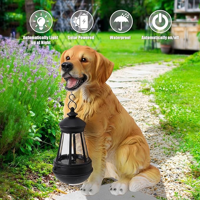 Garden Dog Statues Outdoor Decor, Solar Lights Outdoor Golden Retriever Figurine Solar Dog Ornaments for Patio, Lawn, Yard Art Decoration, Housewarming Garden Gift
