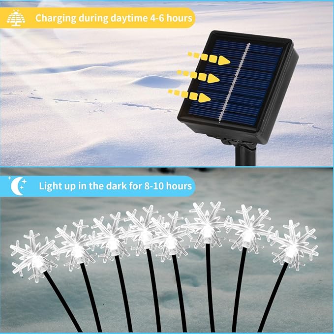 Set of 4 Snowflake Solar Christmas Decorations, 8 Modes Swaying Garden Lights, Outdoor Pathway Solar Christmas Stake Lights, Upgraded Base on Firefly Light for Lawn Decor (White)