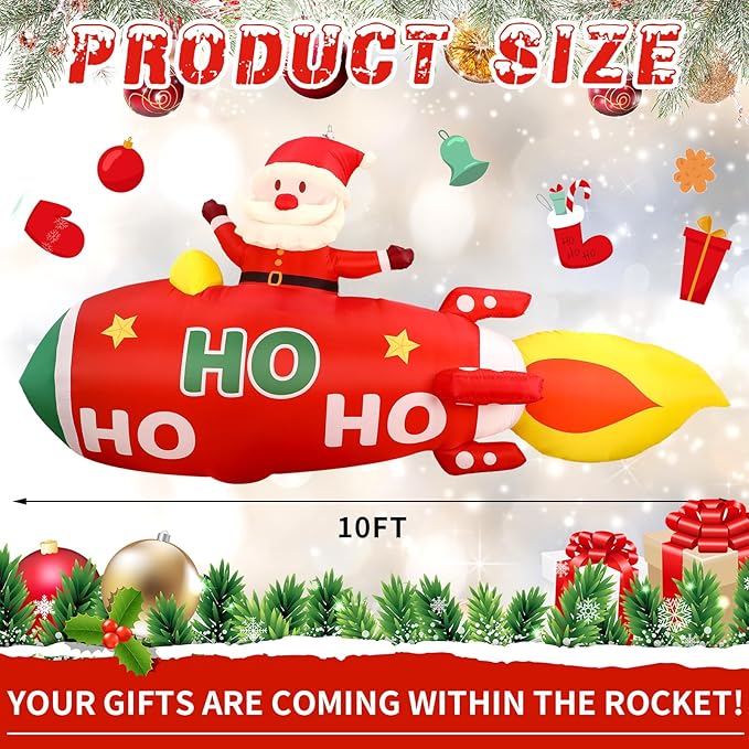 Leyndo 10 FT Christmas Inflatable Santa Claus on Rocket Outdoor Blow Up Decoration with LED Lights Cute Xmas for Holiday Party Yard Garden Lawn Decor