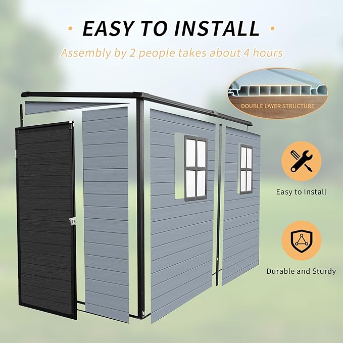 LANTRO JS 4x8FT Plastic Storage Shed with Floor, Outdoor Storage Shed with Floor Included, with 2 Windows and Lockable Door, Backyard Storage Sheds for Garden Tools, Bike, Gray and Black