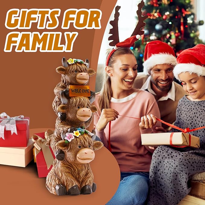 16 in Large Garden Highland Cow Statue Solar Garden Sculptures & Statues with Flower Decoration Birthday Gifts for Women Mom Funny Triple Big Highland Cow Decor for Yard Garden Patio Lawn Ornaments