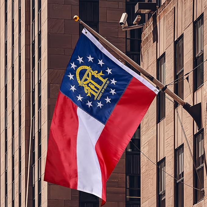 Georgia State Flag 6x10 Ft, Deluxe Full Embroidered Heavy Duty 100% Polyester Durable GA Outside Flags, Indoor/Outdoor, Sewn Stripes and Brass Grommets