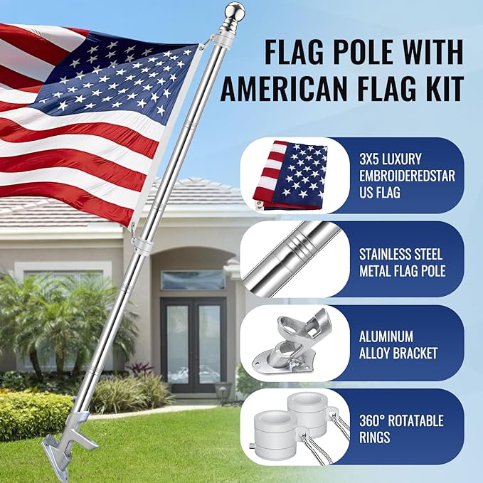 Jetlifee American Flag Pole Kit, Including 100% Polyester 3x5 ft US Flag, 5 Ft Aluminum White No Tangle Spinning Pole and Multi-Position Flag Pole Bracket