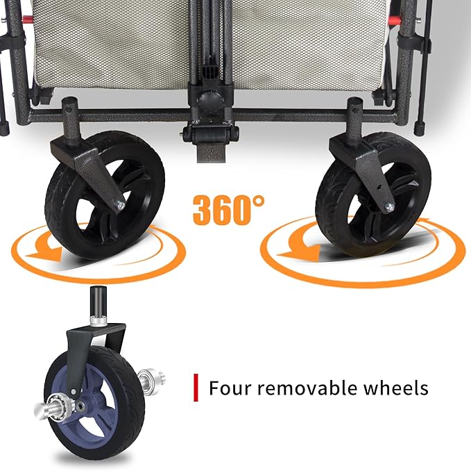 Collapsible Foldable Wagon Cart with Quick-Release Wheels & 2 Seats Camping Wagon- Heavy-Duty Utility Wagon 265LBS Capacity for Camping, Garden, Shopping (Beige)