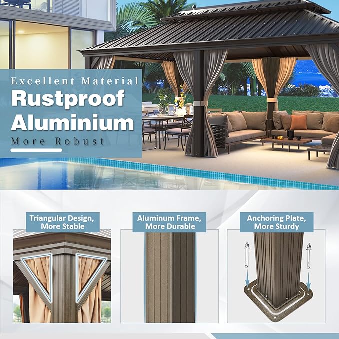 MELLCOM 12' x 20' Hardtop Gazebo,Galvanized Steel Metal Double Roof Aluminum Gazebos with Curtain and Netting,Brown Permanent Pavilion with Aluminum Frame for Patios,Gardens,Lawns