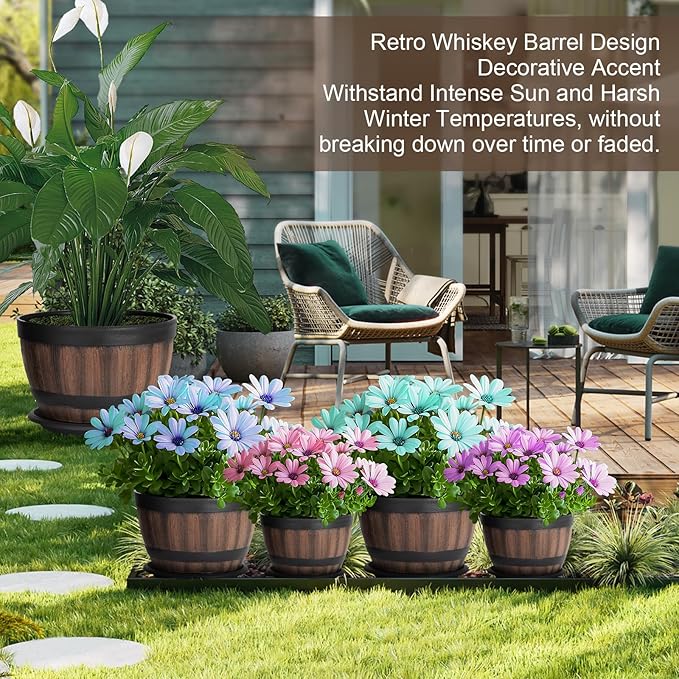 6 Pack Plant Pots with Drainage Holes, Include 3 Each of 16/12 inches Flower Pots with Saucers, Plastic Imitation Wine Barrel Design for Indoor Outdoor Garden Home Plants
