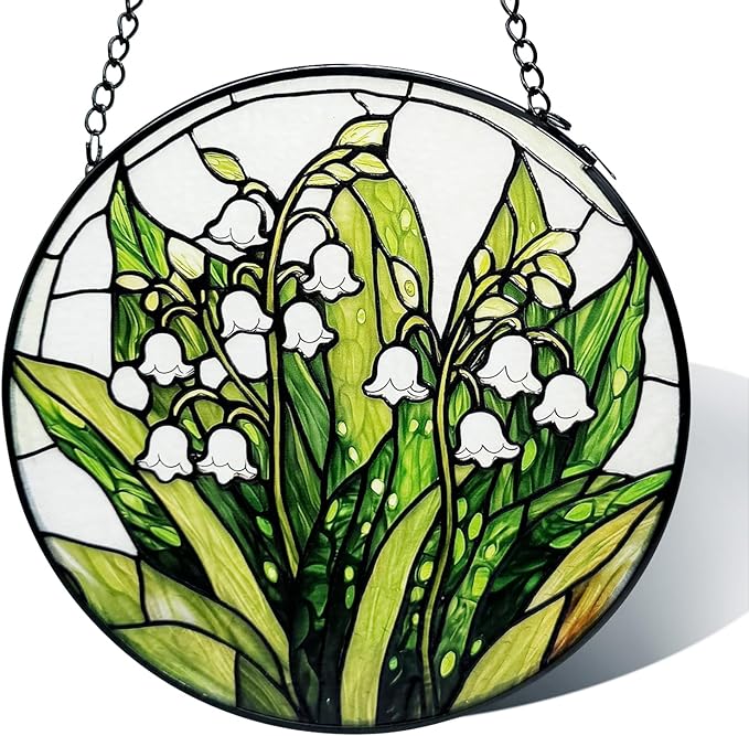 Stained Glass Window Hanging, Lily of The Valley Flower Diamond Glass Panel Suncatcher Green Plant Sun Catchers for Home Garden Balcony Window Decor, Plant Lover Gifts (6.3 Inch)