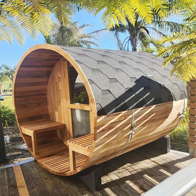 Outdoor Barrel Steam Sauna with Porch, Canadian Red Cedar Sauna 6 Person, 6KW ETL Toule Heater, 220V, Waterproofing System with Saunas Stones, Asphalt Shingles, Rubber Base(0-195℉)