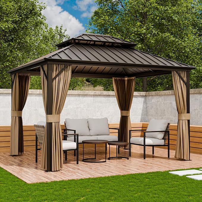 COOS BAY 12x10 Hardtop Gazebo with Aluminum Frame, Galvanized Steel Double Roof Outdoor Pavilion with Netting and Curtains, Dark Brown/Tan