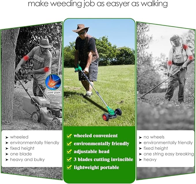 21V Cordless Grass Trimmer, Electric String Weed Wacker with 2.0Ah Lithium Battery, Telescopic Handle, 40 Min Runtime, 18000 RPM, Low Noise 92dB (Green)