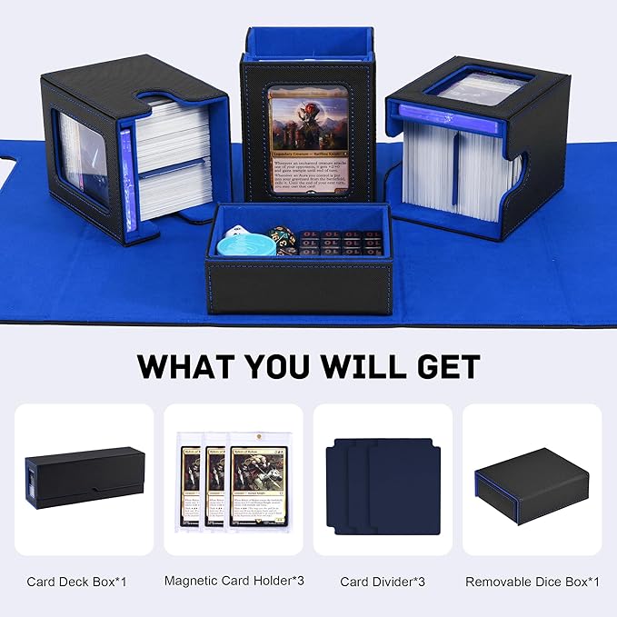 Marsguard Trading Card Deck Box with Commander Display，4 in 1 MTG Storage Holds 300+ Double-Sleeved Cards，3 Deck Boxes & Dice Tray Included，Fits MTG, TCG, PTCG & Sports Cards