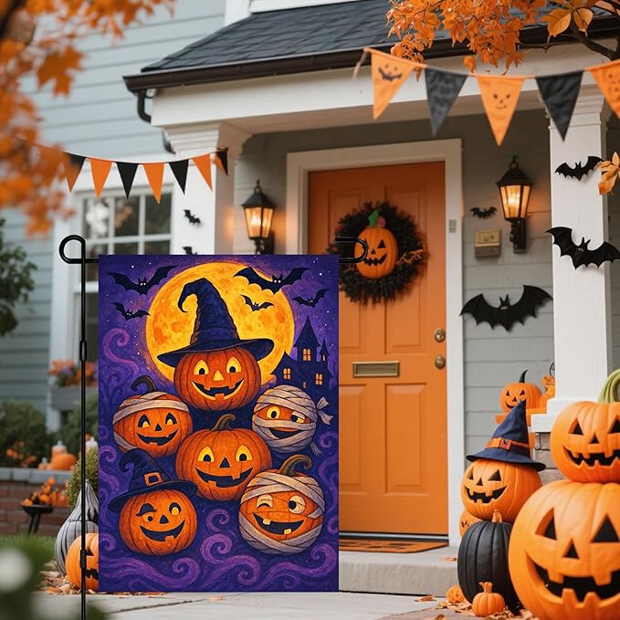 IVN Halloween Garden Flag 12x18 Inch Double Sided Pumpkin Mummy Witch Hat Outdoor Yard Flag for Outside Front Door Lawn Porch Patio Welcome Decor