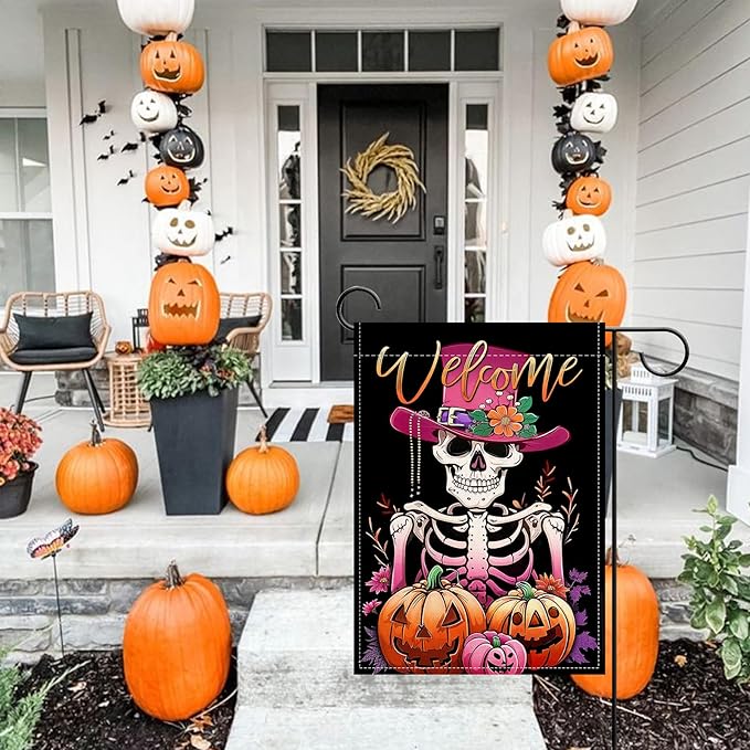 Artofy Welcome Halloween Gothic Skeleton Small Decorative Garden Flag, Pink Scary Skull Jack O Lantern Pumpkin Yard Lawn Outside Decor, Horror Flowers Burlap Outdoor Home Decoration Double Sided 12x18
