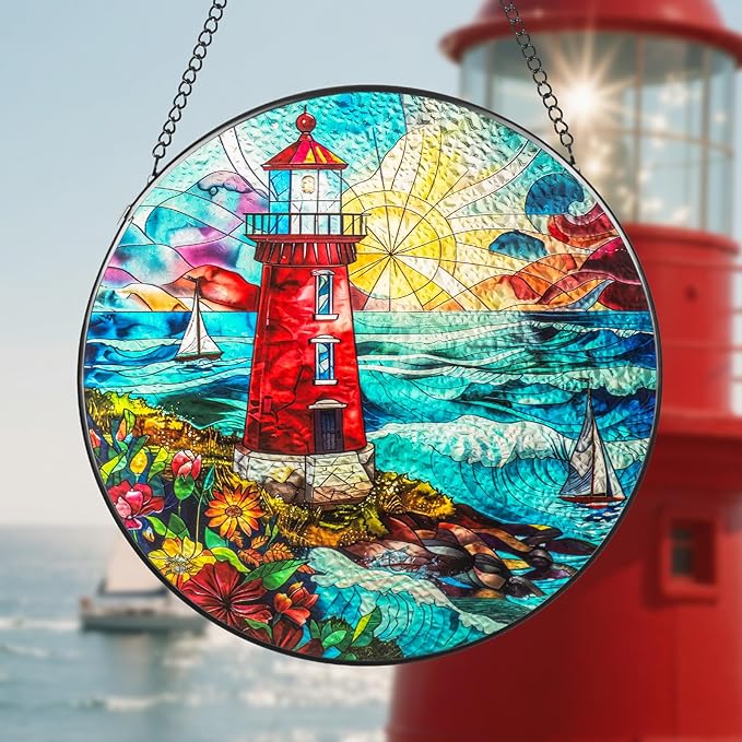 Suncatcher Stained Glass Window Hanging - Lighthouse Glass Panel with Metal Chain and Hooks Handmade Sun Catcher Decoration for Window Garden Home Christmas & Birthday Gifts (8 Inch)