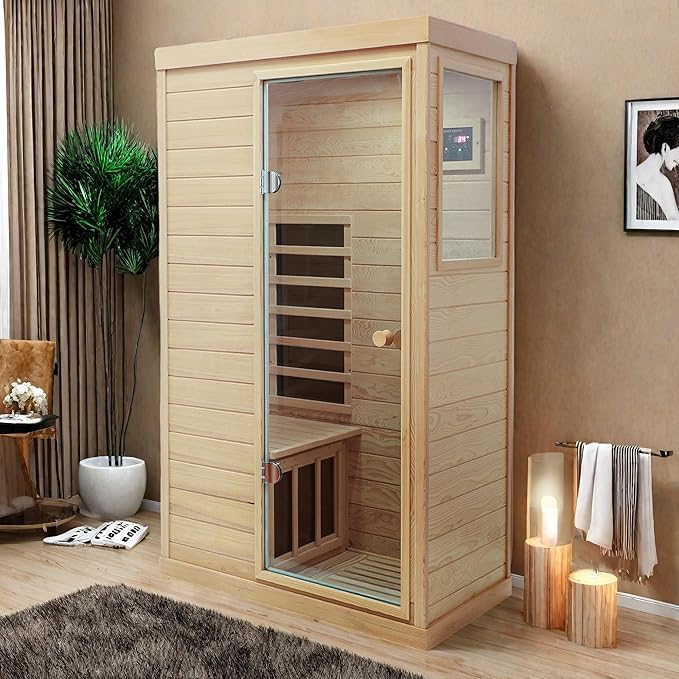 Infrared Sauna Single Hemlock Mini Far Infrared Sauna Box for Home on The Right with LCD Display, Bluetooth Audio, Natural