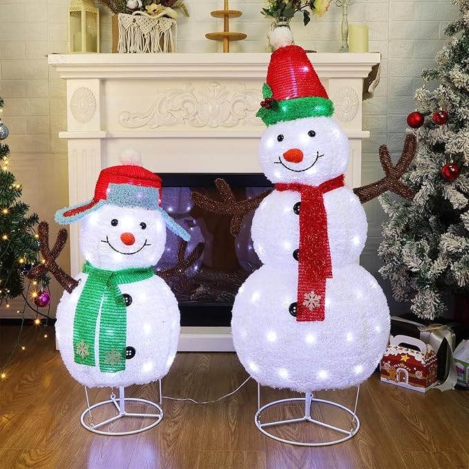 Hausse Set of 2 Lighted Christmas Snowman Decorations, 3.6+2.6FT Outdoor Pre-Lit White Snowmen with Lights, Light Up Collapsible Xmas Yard Display, Plug in for Holiday New Year Winter Garden Yard