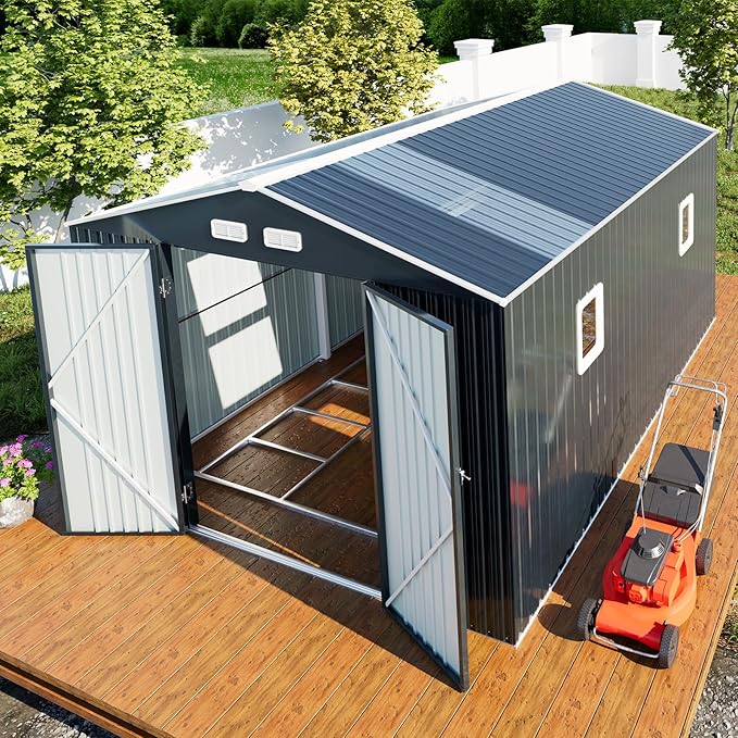 10x12 Metal Shed with Floor Frame Kit, Reinforced Construction - Translucent Roof Panels for Natural Light, Lockable Doors, Vents and Windows, Weatherproof Outdoor Storage for Garden/Backyard/Patio