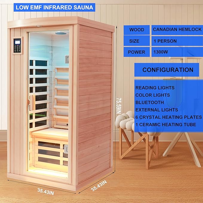 Ceramic Infrared Sauna 1 Person Far Infrared Sauna Hemlock Saunas Room for Home 2 in 1 Indoor Sauna with Low EMF Heaters + Ceramic Heating Cubes-Chromotherapy-Bluetooth Speaker