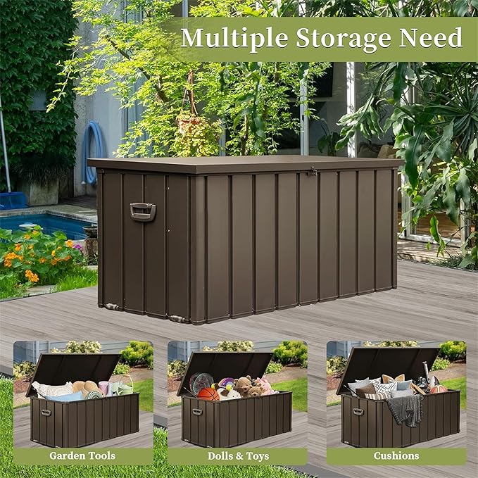 Metal Storage Box for Outdoor Dark Brown Lockable Water-Resistant Deck Box for Patio Garden Tools Organization Rust-Resistant Heavy-Duty Outside Storage Box (100 Gallon)
