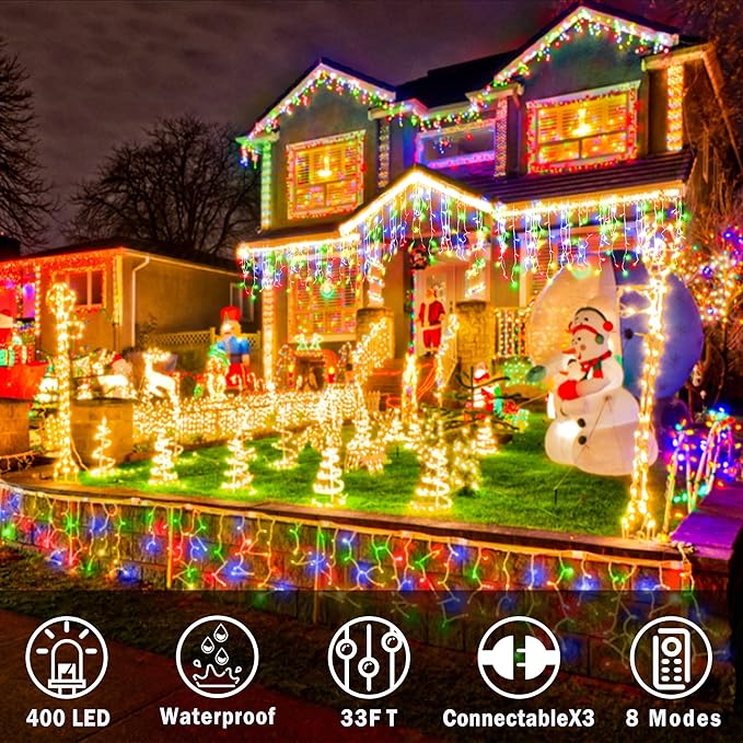 KNONEW Christmas Lights Outdoor Decorations 400 LED 33ft 8 Modes Curtain Fairy String Light with 75 Drops, Clear Wire LED String Light for Wedding Party Holiday Christmas Decorations Multicolor