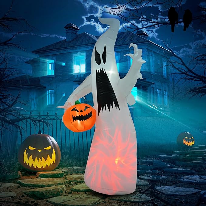 5.9ft Inflatable Halloween Decoration Ghost with Pumpkin, Waterproof Outdoor Decorations, Blow Up LED Yard Decor for Garden, Lawn, Party, Holiday